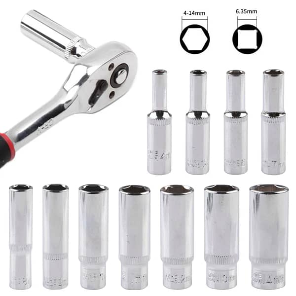 Metric Long Chrome Socket Set 1/4-Inch Drive Hex Deep Socket From 4 Mm To 14 Mm Professional Grade Wrench Heads Ratchet Tool